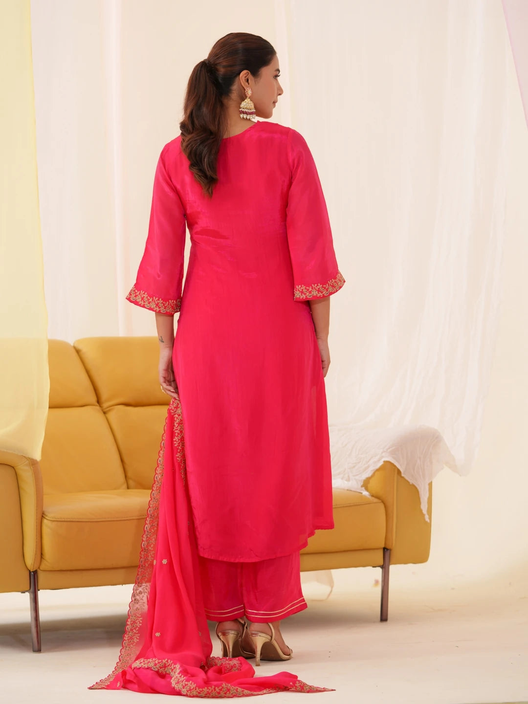 Pink Colour Roman Silk Top Bottom With Jequard Dupatta Set