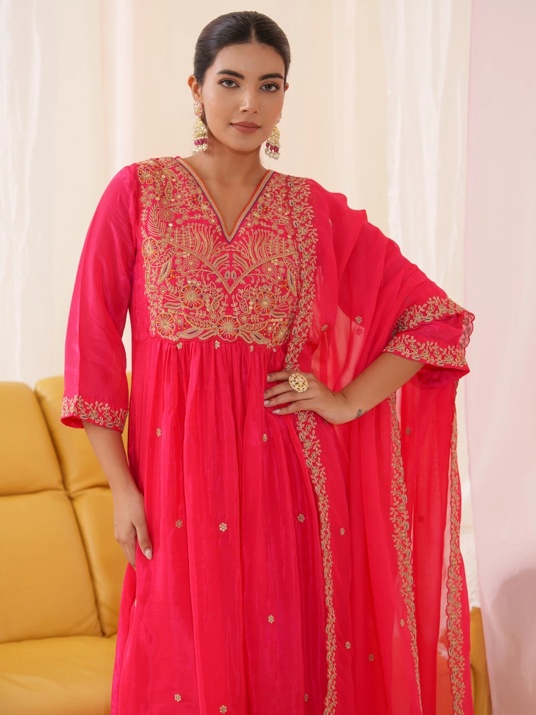 Pink Colour Roman Silk Top Bottom With Jequard Dupatta Set