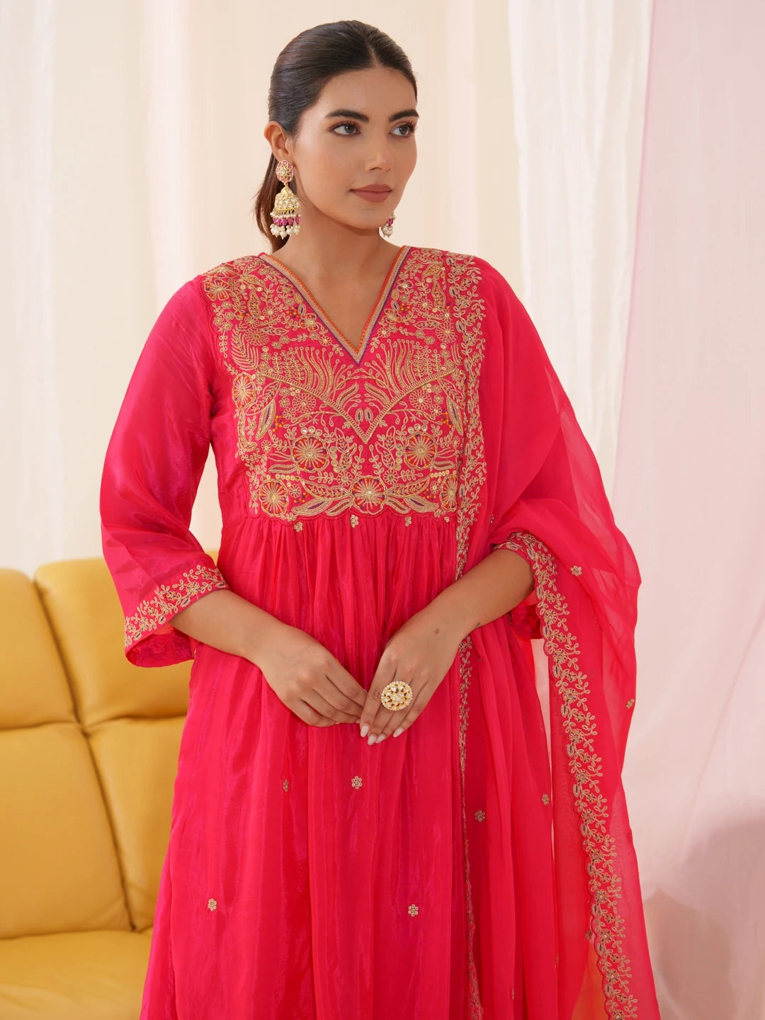 Pink Colour Roman Silk Top Bottom With Jequard Dupatta Set