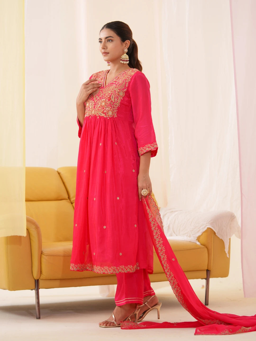 Pink Colour Roman Silk Top Bottom With Jequard Dupatta Set