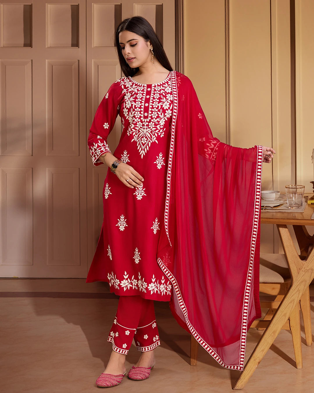 Red Colour Reyon Fabric Top Bottom Dupatta Set-MLWSHKS4375RED