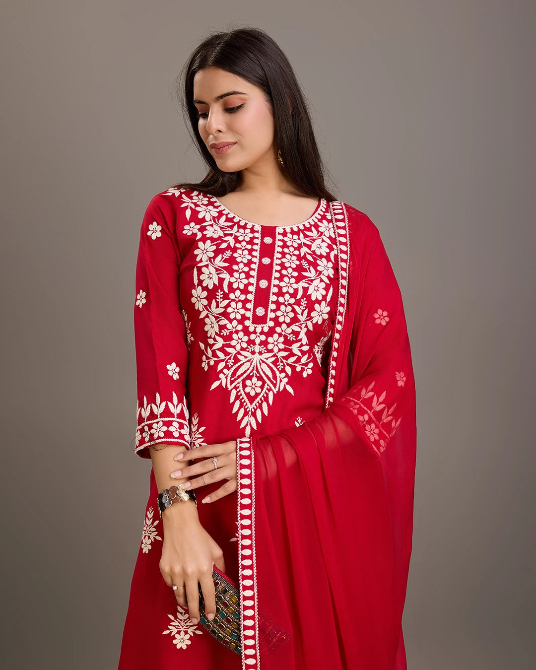 Red Colour Reyon Fabric Top Bottom Dupatta Set