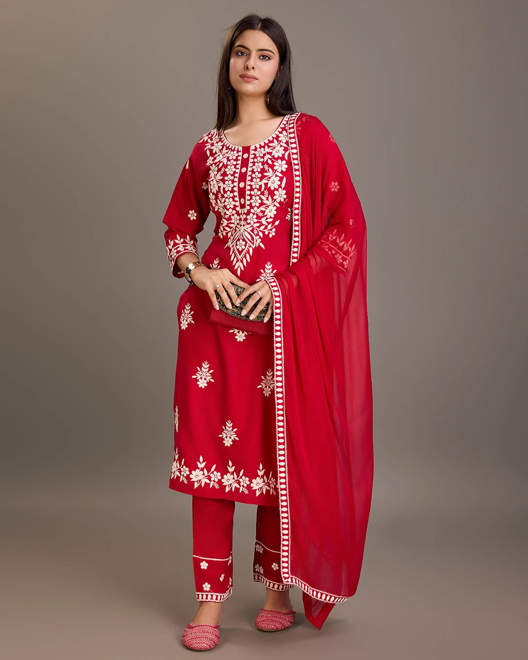 Red Colour Reyon Fabric Top Bottom Dupatta Set