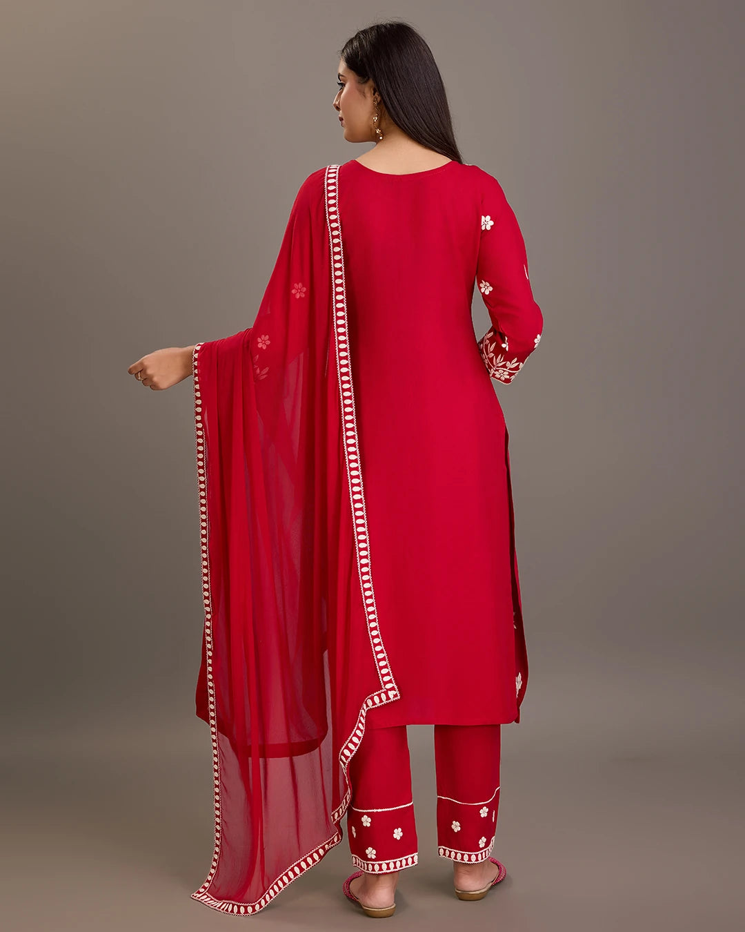 Red Colour Reyon Fabric Top Bottom Dupatta Set