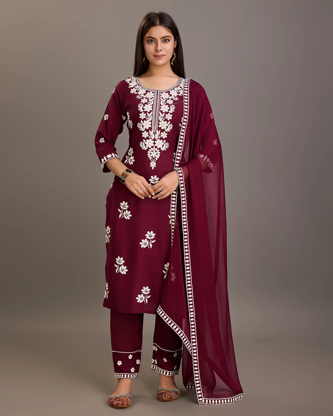 Wine Colour Reyon Fabric Top Bottom Dupatta Set-MLWSHKS4376WNE