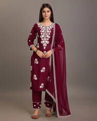 Wine Colour Reyon Fabric Top Bottom Dupatta Set-MLWSHKS4376WNE