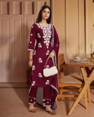 Wine Colour Reyon Fabric Top Bottom Dupatta Set-MLWSHKS4376WNE