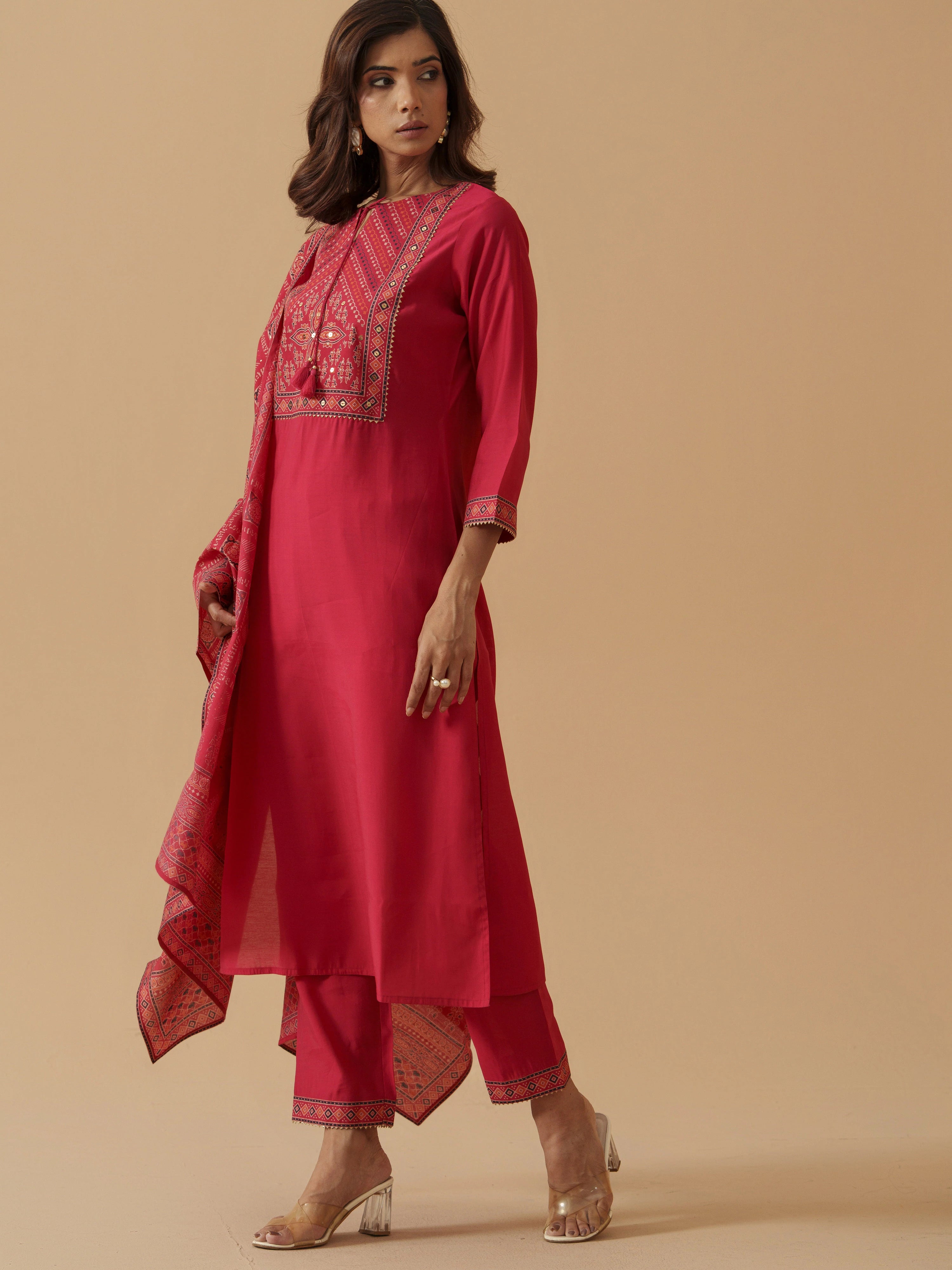 Rani Colour Roman Silk Top Bottom With Jequard Dupatta Set
