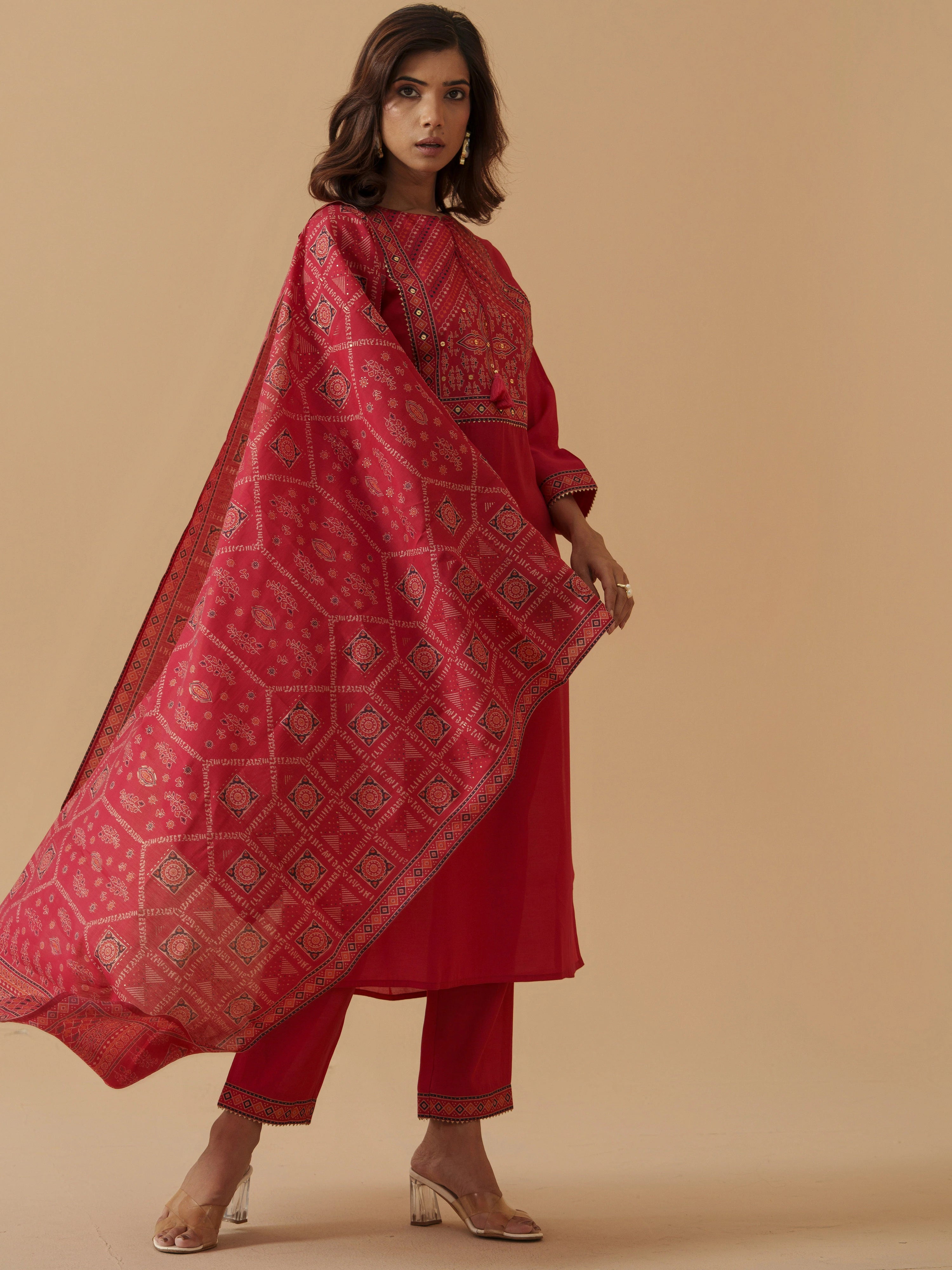 Rani Colour Roman Silk Top Bottom With Jequard Dupatta Set