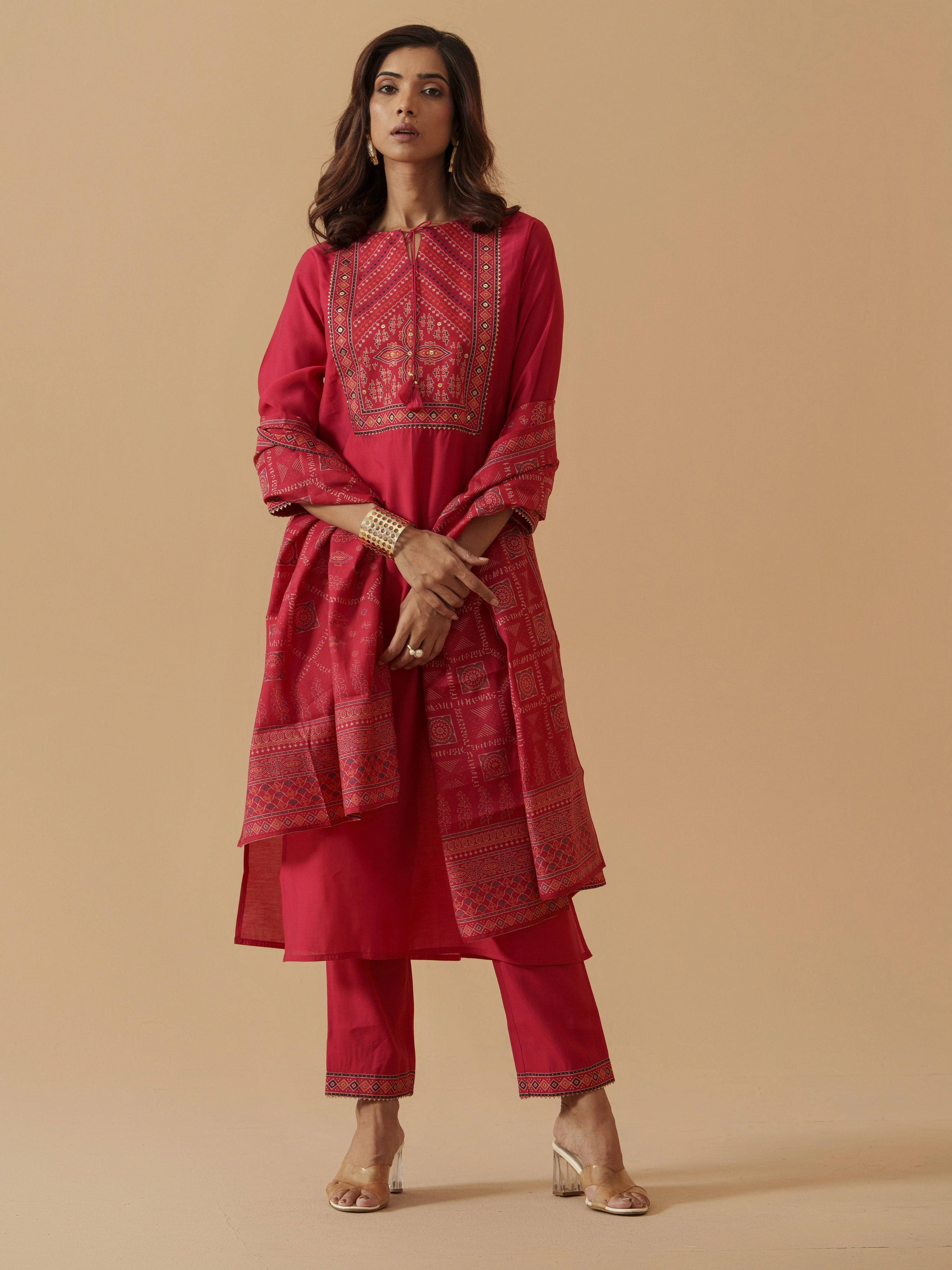 Rani Colour Roman Silk Top Bottom With Jequard Dupatta Set