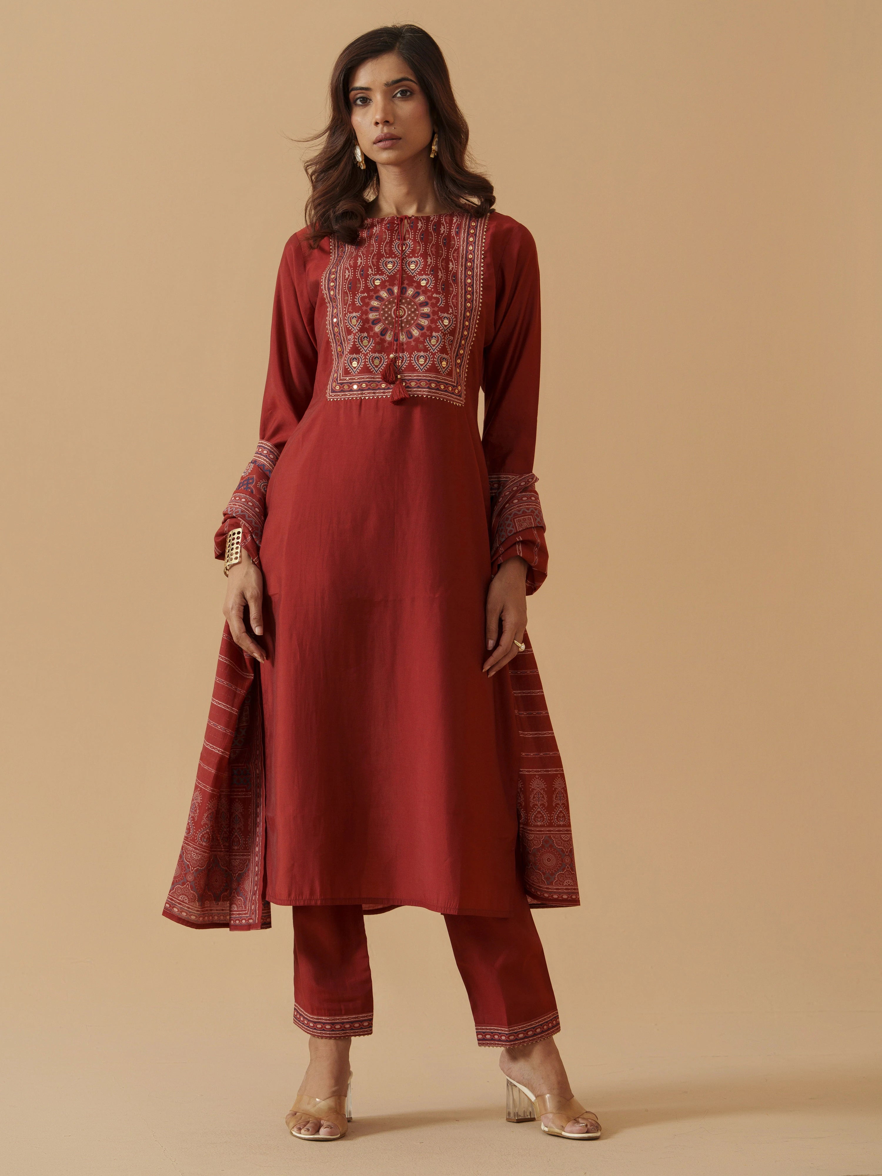 Maroon Colour Roman Silk Top Bottom With Jequard Dupatta Set