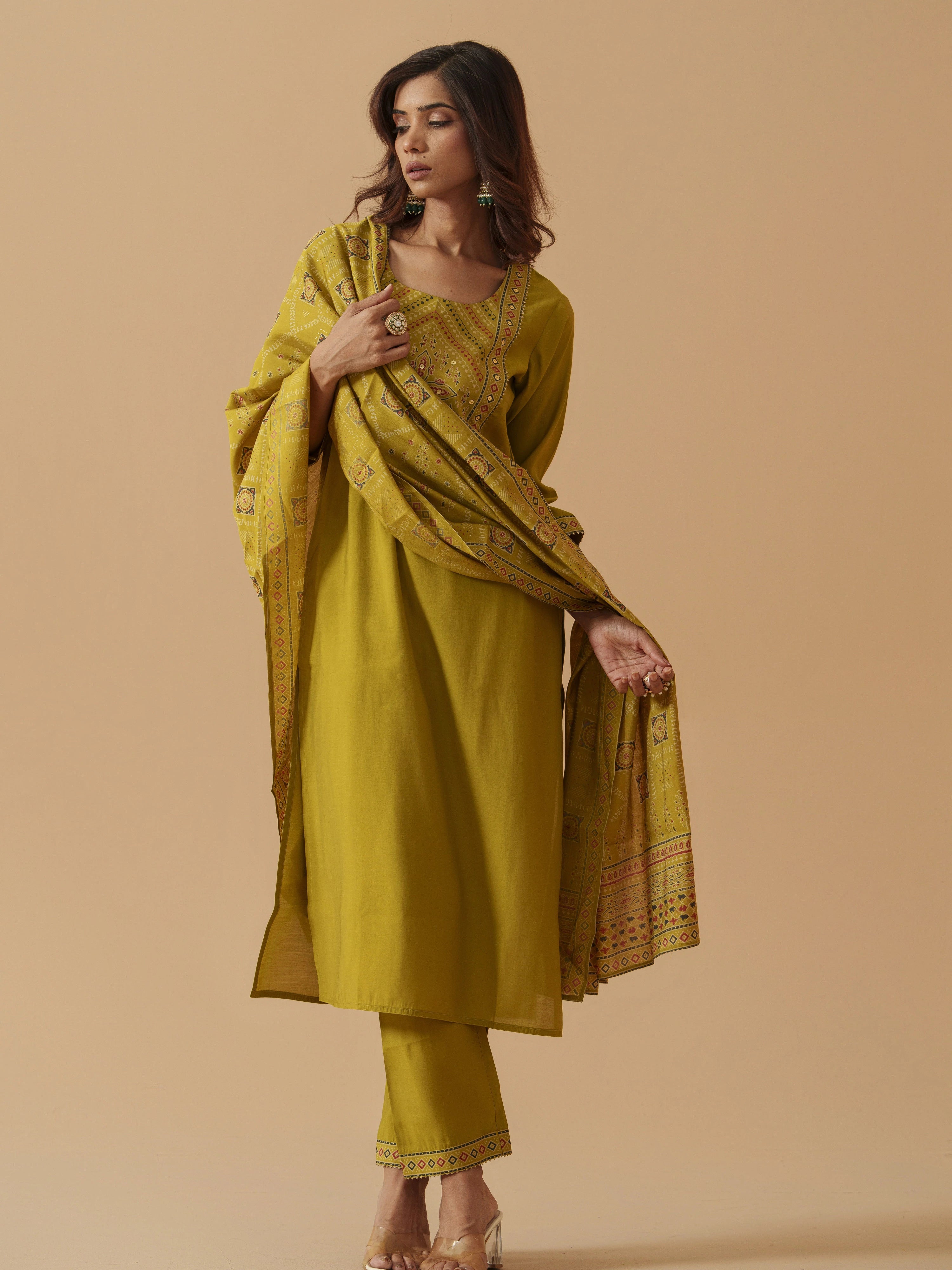Green Colour Roman Silk Top Bottom With Jequard Dupatta Set