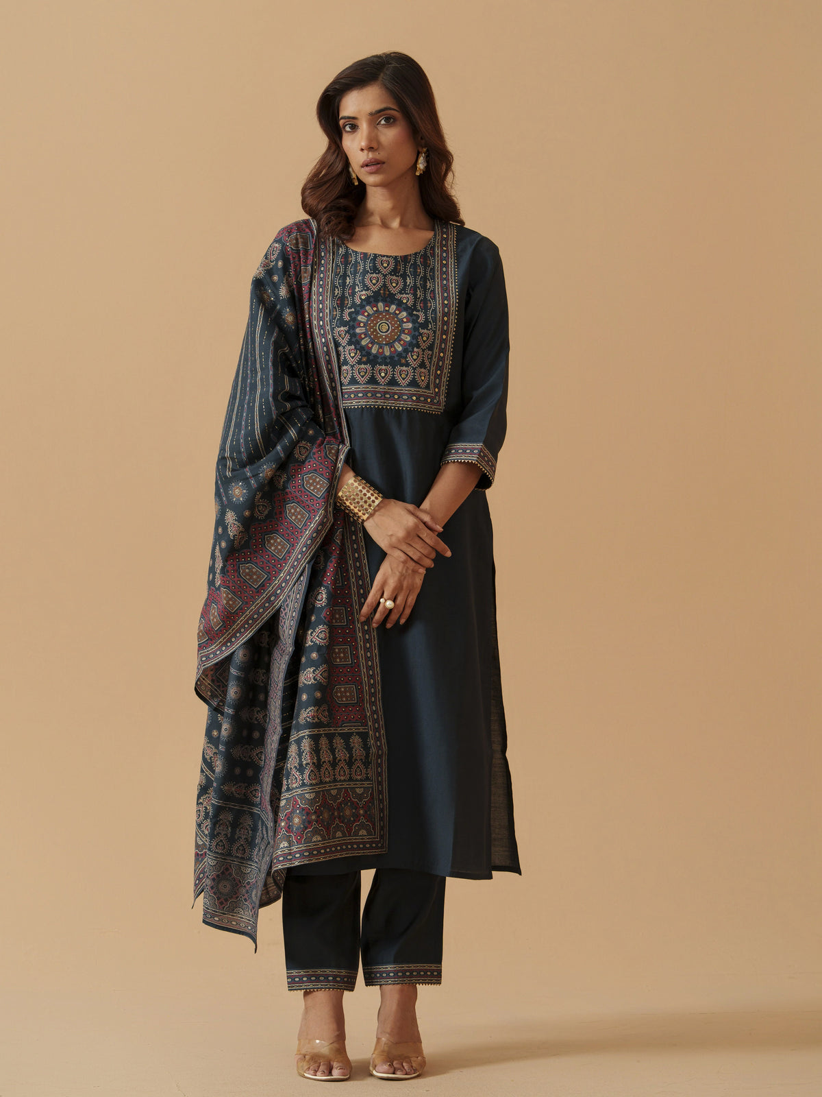 Navy Blue Colour Roman Silk Top Bottom With Jequard Dupatta Set-MLWSHKS4380MBL