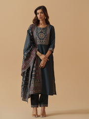 Navy Blue Colour Roman Silk Top Bottom With Jequard Dupatta Set-MLWSHKS4380MBL