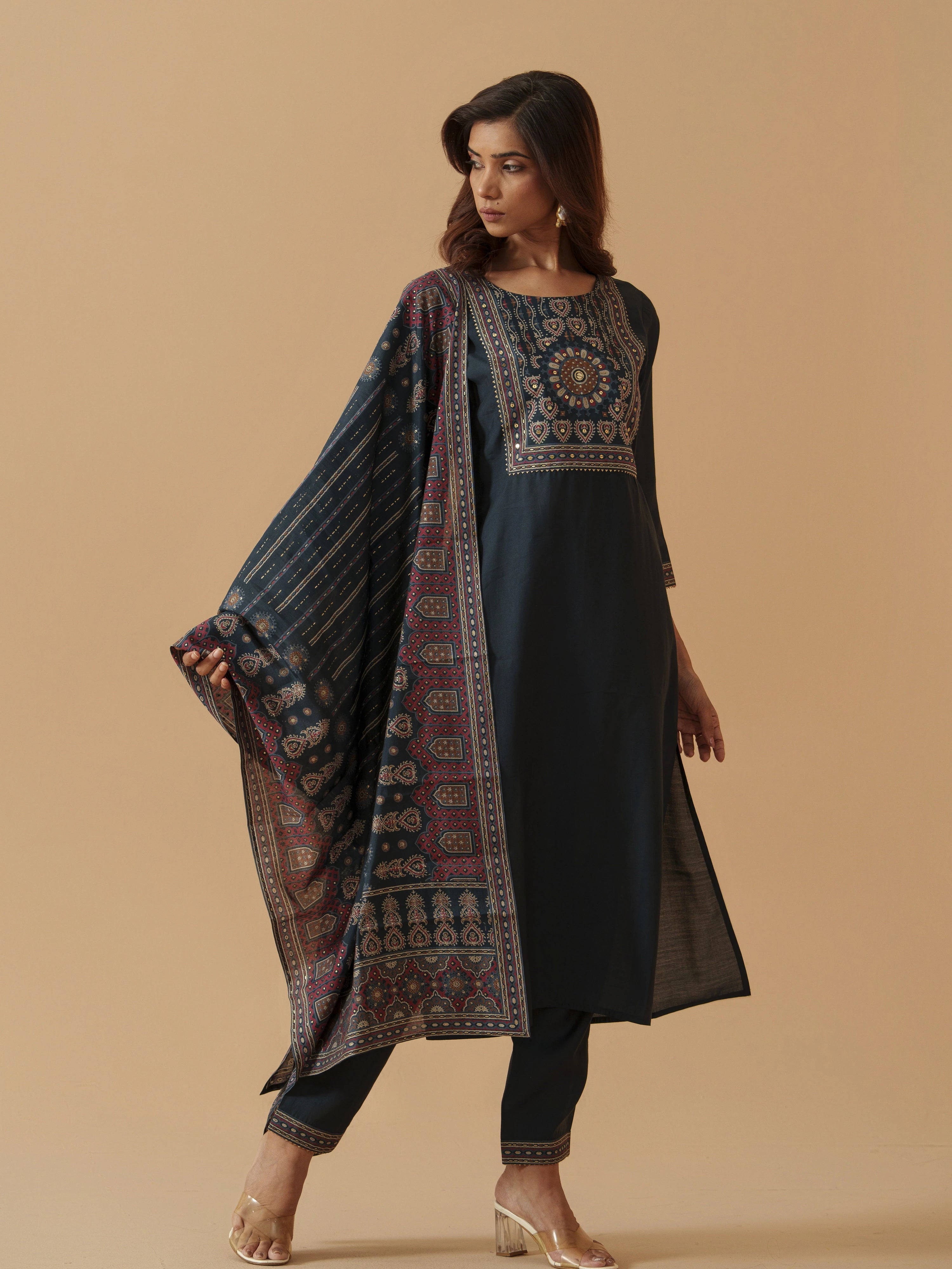Navy Blue Colour Roman Silk Top Bottom With Jequard Dupatta Set