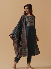 Navy Blue Colour Roman Silk Top Bottom With Jequard Dupatta Set-MLWSHKS4380MBL