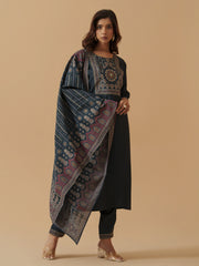 Navy Blue Colour Roman Silk Top Bottom With Jequard Dupatta Set-MLWSHKS4380MBL