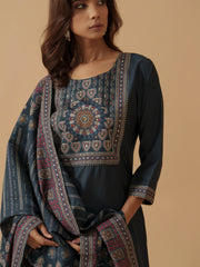 Navy Blue Colour Roman Silk Top Bottom With Jequard Dupatta Set-MLWSHKS4380MBL