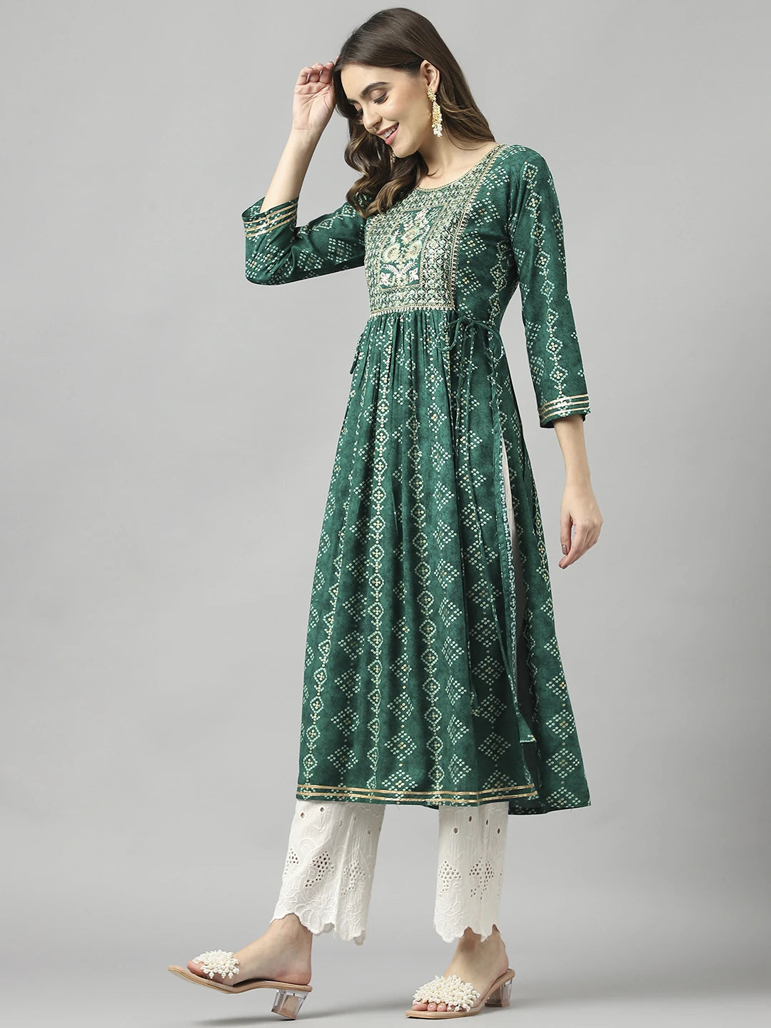 Reyon Cotton Green Colour Nayra Cut Printed Kurti For Women