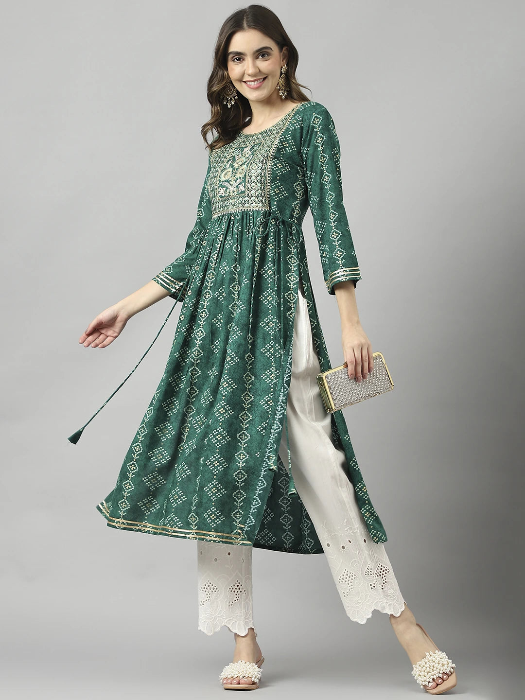Reyon Cotton Green Colour Nayra Cut Printed Kurti For Women