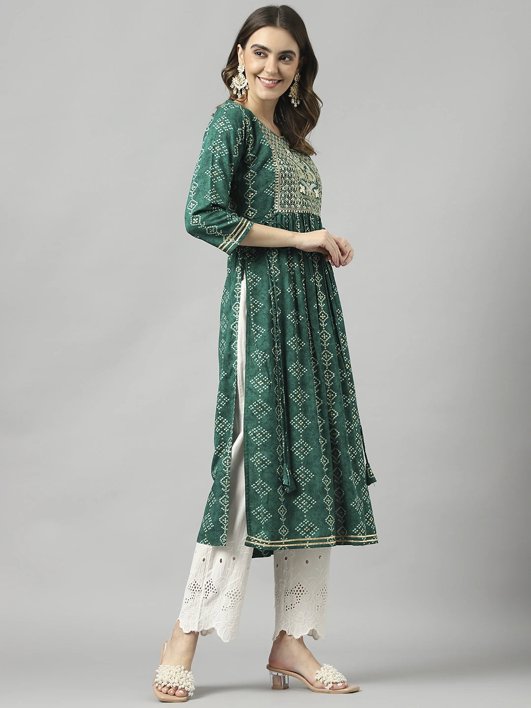 Reyon Cotton Green Colour Nayra Cut Printed Kurti For Women