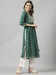 Reyon Cotton Green Colour Nayra Cut Printed Kurti For Women-MLWSHKU4334GRN