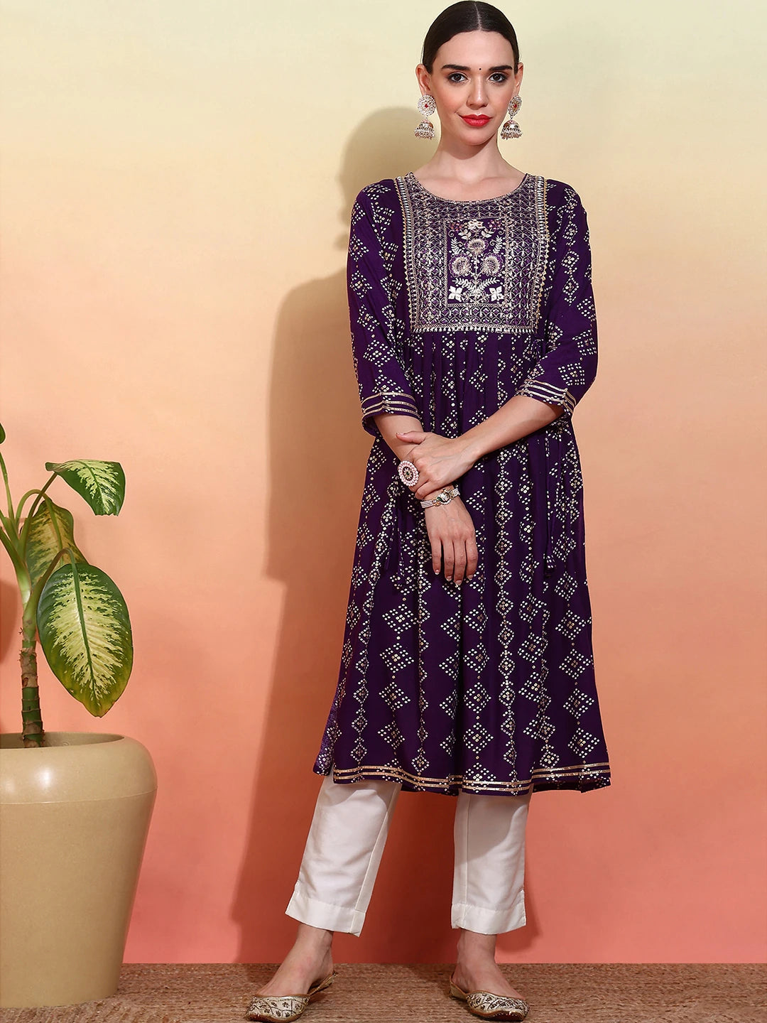 Reyon Cotton Purple Colour Nayra Cut Printed Kurti For Women