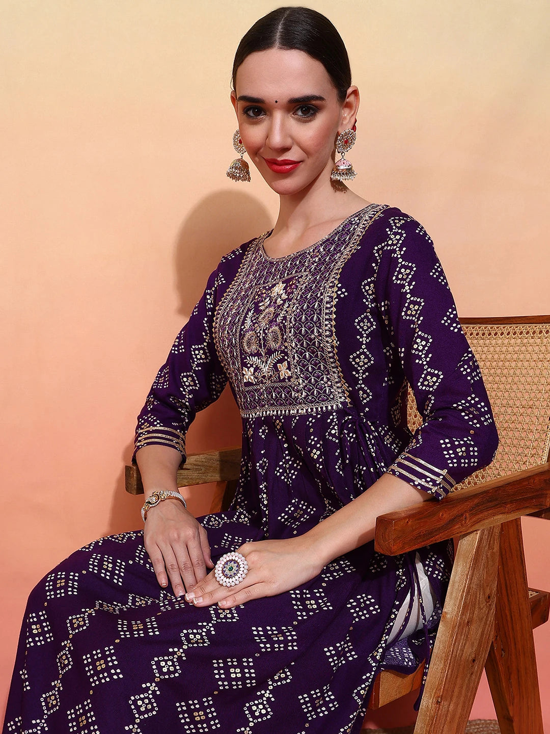 Reyon Cotton Purple Colour Nayra Cut Printed Kurti For Women