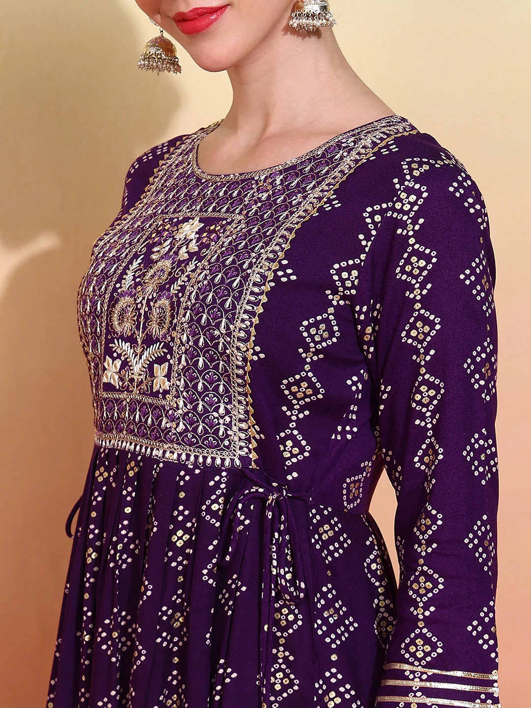 Reyon Cotton Purple Colour Nayra Cut Printed Kurti For Women