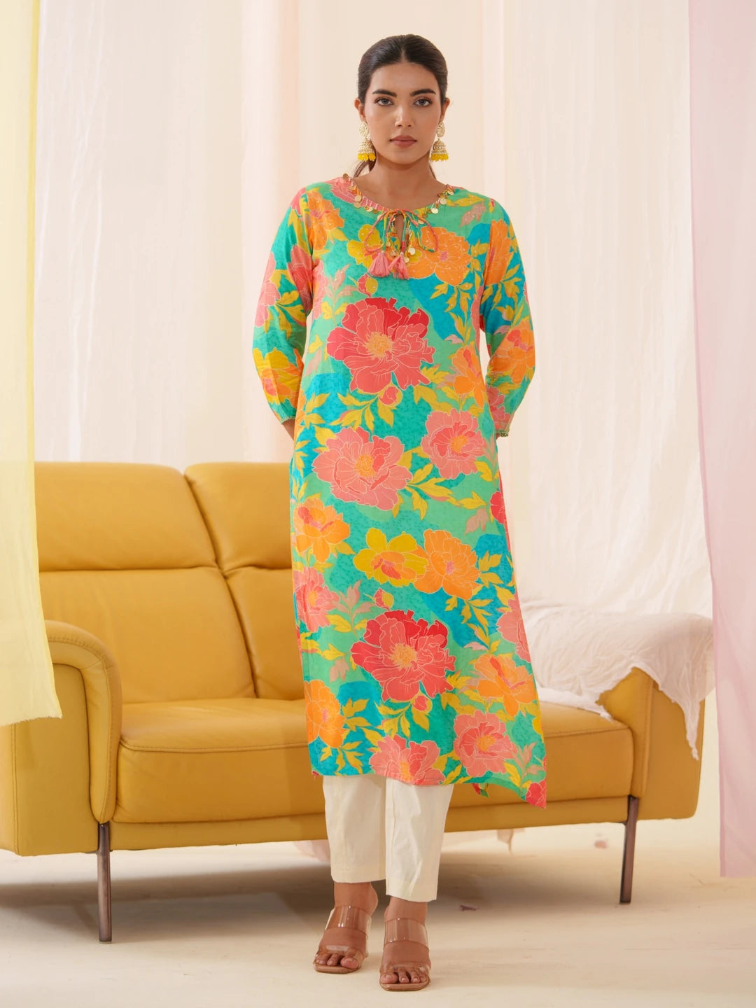 Green Colour Muslin Fabric Floral Printed Kurti