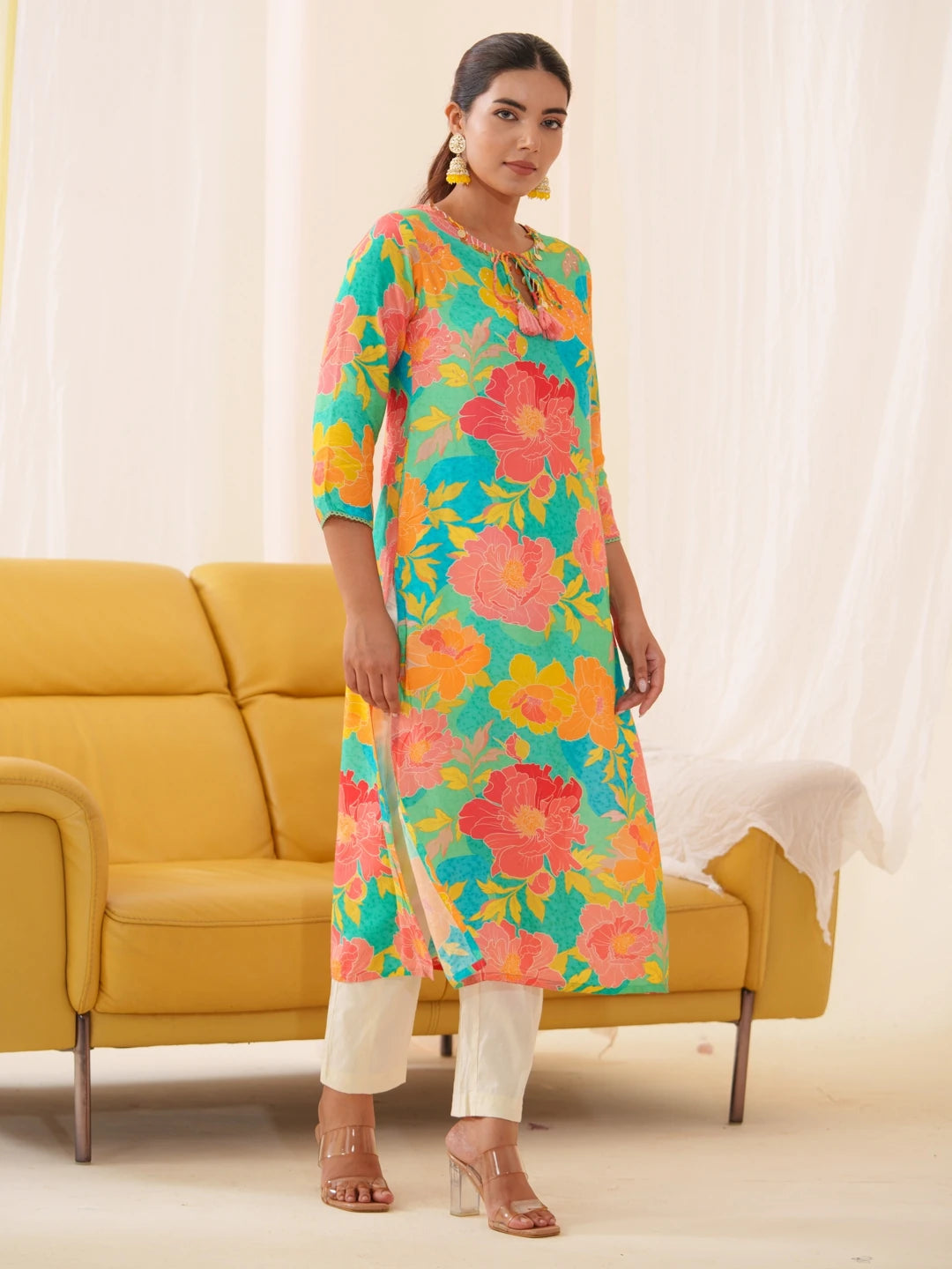 Green Colour Muslin Fabric Floral Printed Kurti