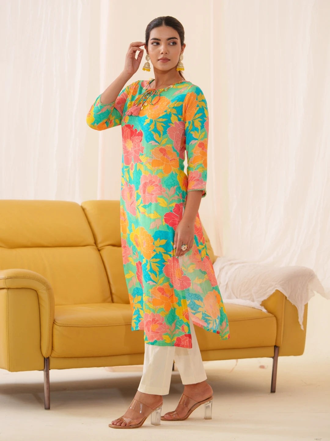 Green Colour Muslin Fabric Floral Printed Kurti