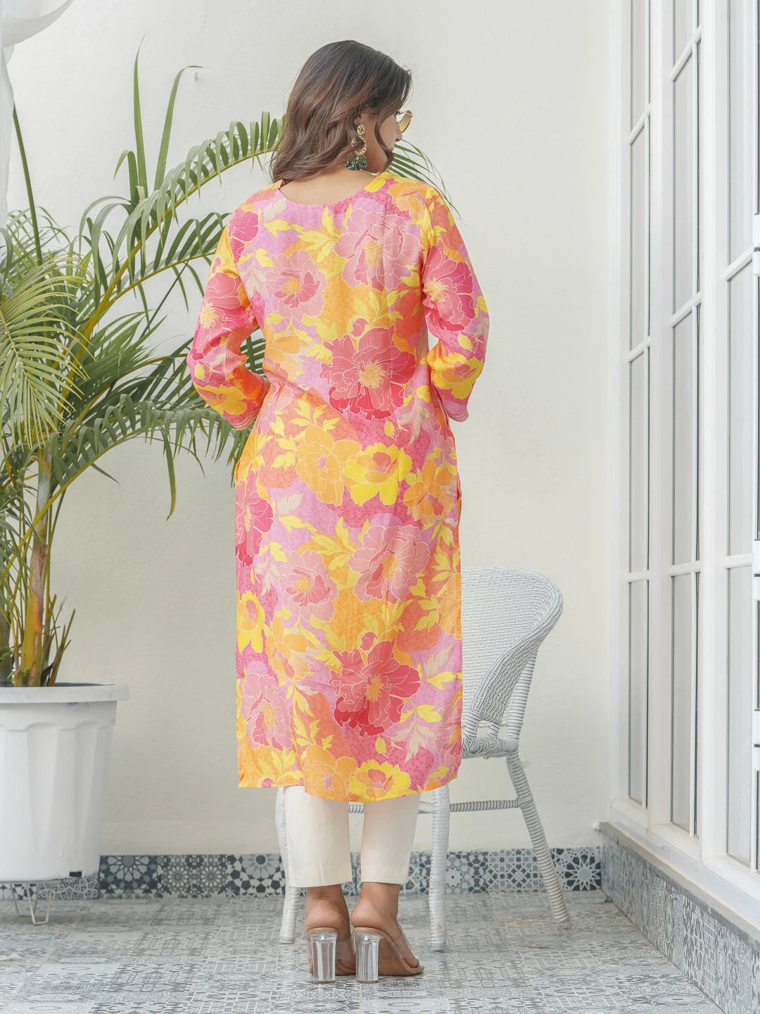 Peach Colour Muslin Fabric Floral Printed Kurti