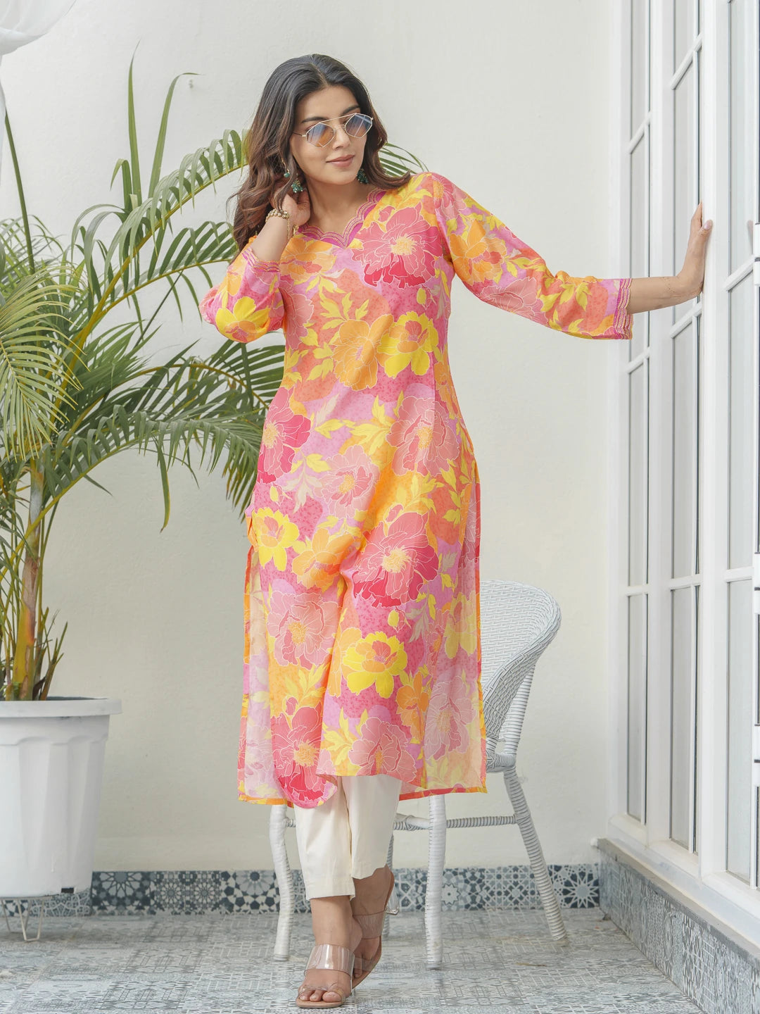 Peach Colour Muslin Fabric Floral Printed Kurti