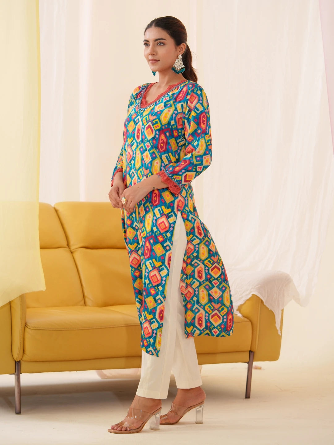 Blue Colour Muslin Fabric Floral Printed Kurti