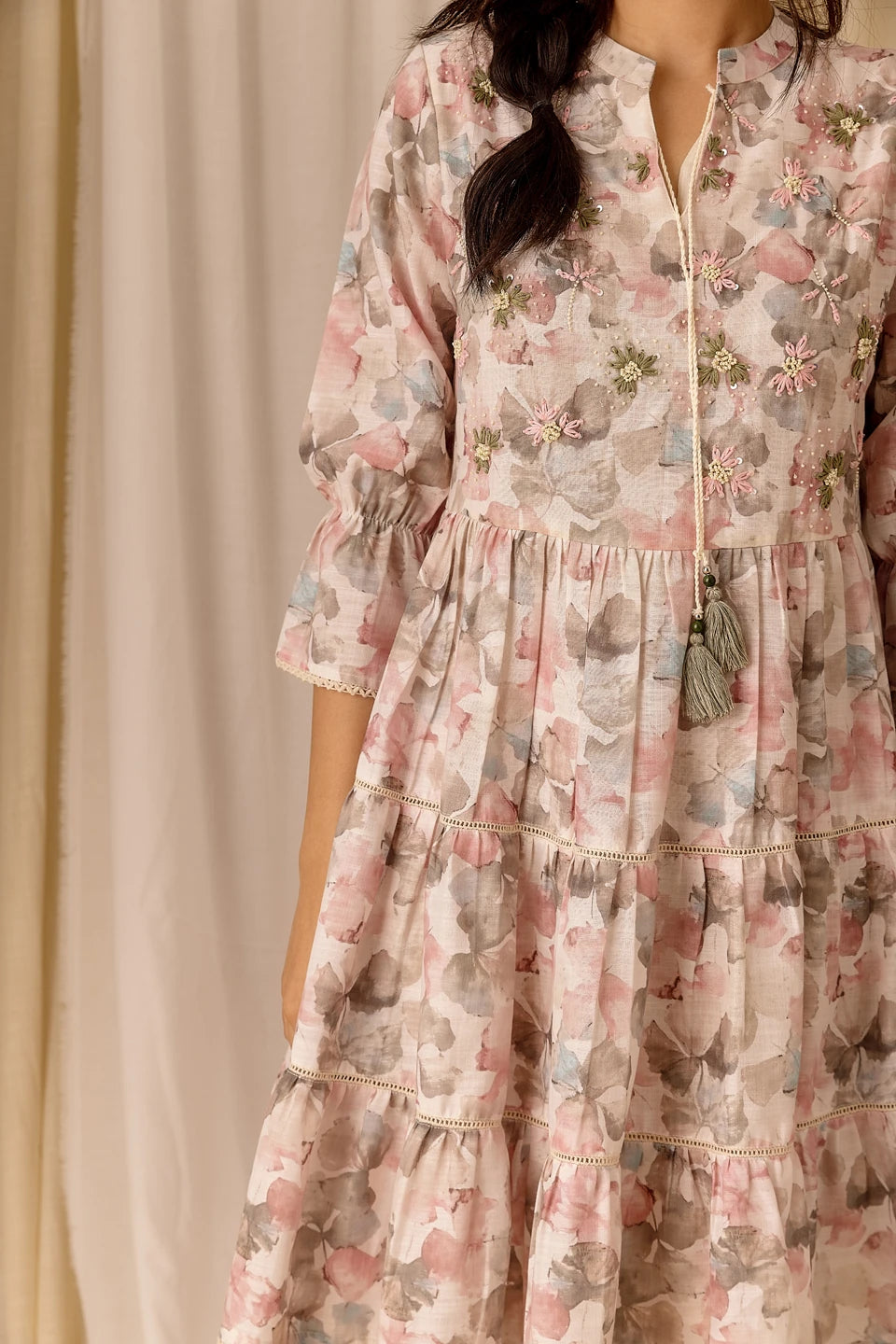 Multi Colour Linen Fabric Floral Design Long Top