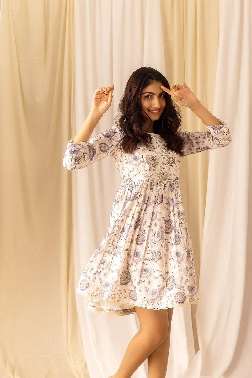 White Colour Linen Fabric Floral Printed Long Top