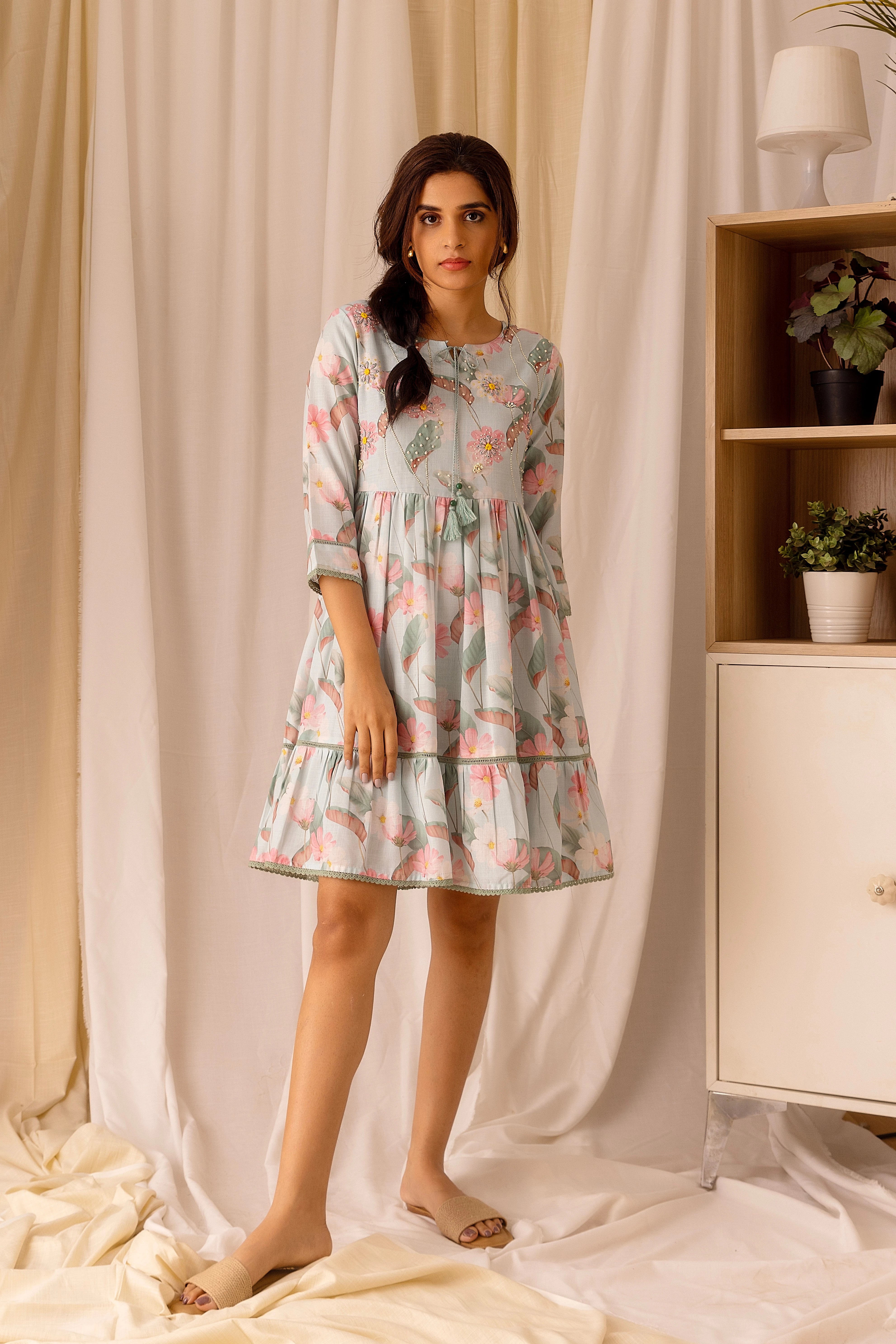 Blue Colour Linen Fabric Floral Printed Long Top