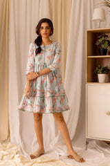 Blue Colour Linen Fabric Floral Printed Long Top-MLWSHTO4323BLU