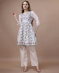 White Colour Linen Fabric Floral Printed Long Top-MLWSHTO4324WHT