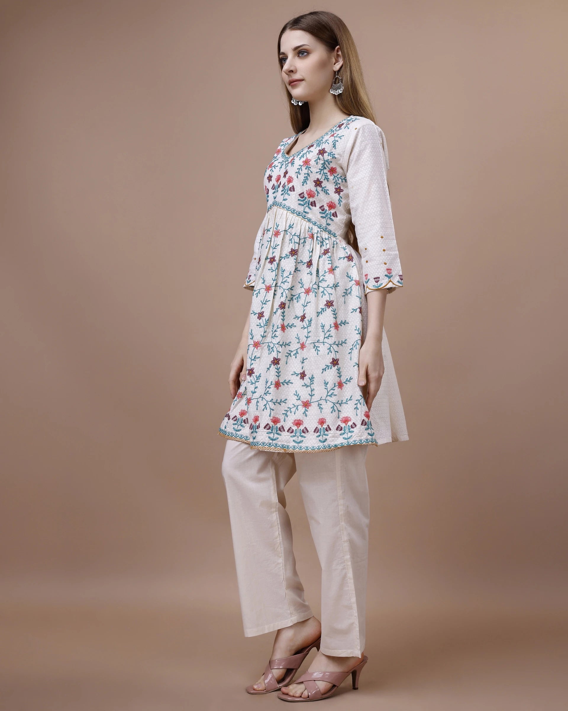 White Colour Linen Fabric Floral Printed Long Top