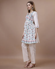 White Colour Linen Fabric Floral Printed Long Top-MLWSHTO4324WHT