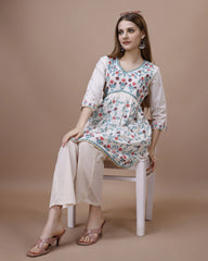 White Colour Linen Fabric Floral Printed Long Top-MLWSHTO4324WHT