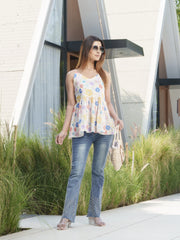 Off-White Cotton Floral Printed V Nace Fancy Peplum Tunics For Womem-MLWSHTO4327OFW