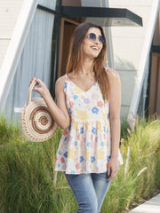 Off-White Cotton Floral Printed V Nace Fancy Peplum Tunics For Womem-MLWSHTO4327OFW