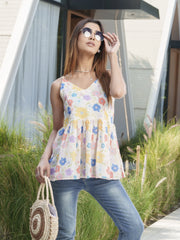 Off-White Cotton Floral Printed V Nace Fancy Peplum Tunics For Womem-MLWSHTO4327OFW