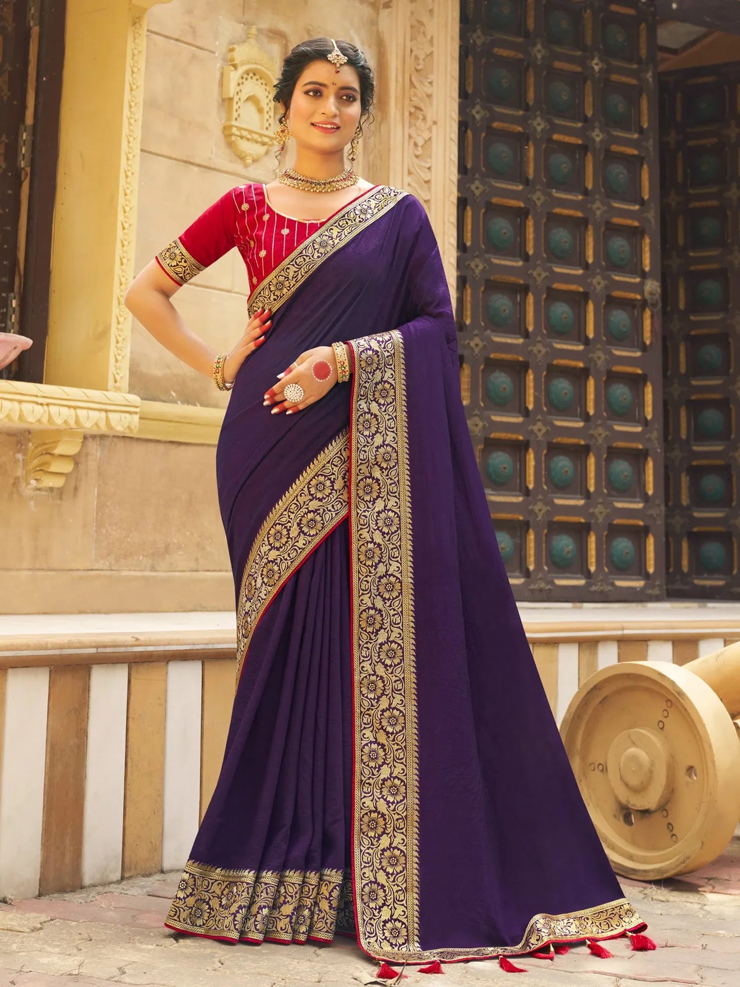 Red Woven Designer Indian Sari - Polyester Saree