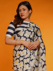 Women's Satin Cream Printed Designer Saree With Blouse Piece-MONLISH1002