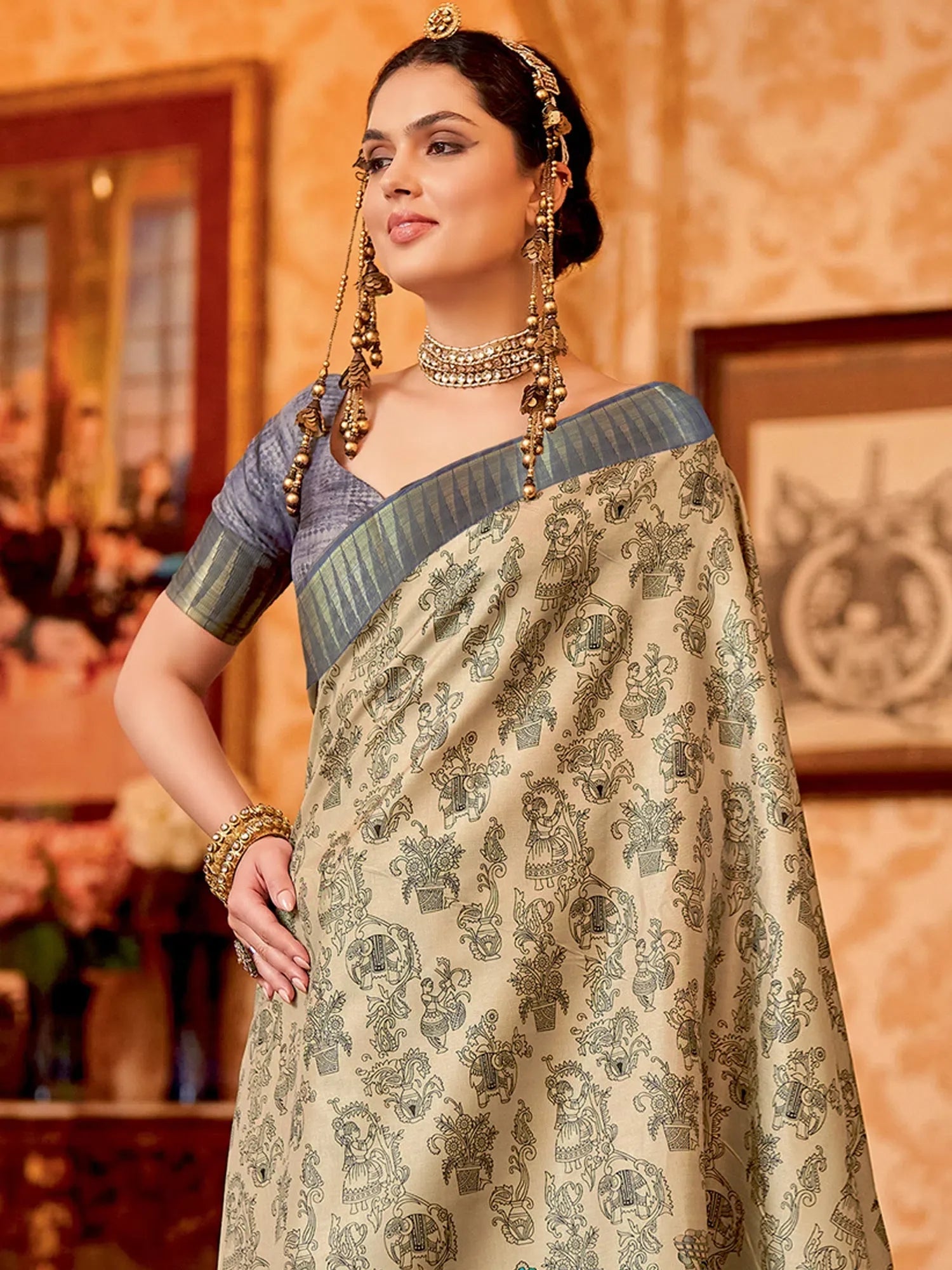 Cream Printed Designer Saree | Indian Sarees