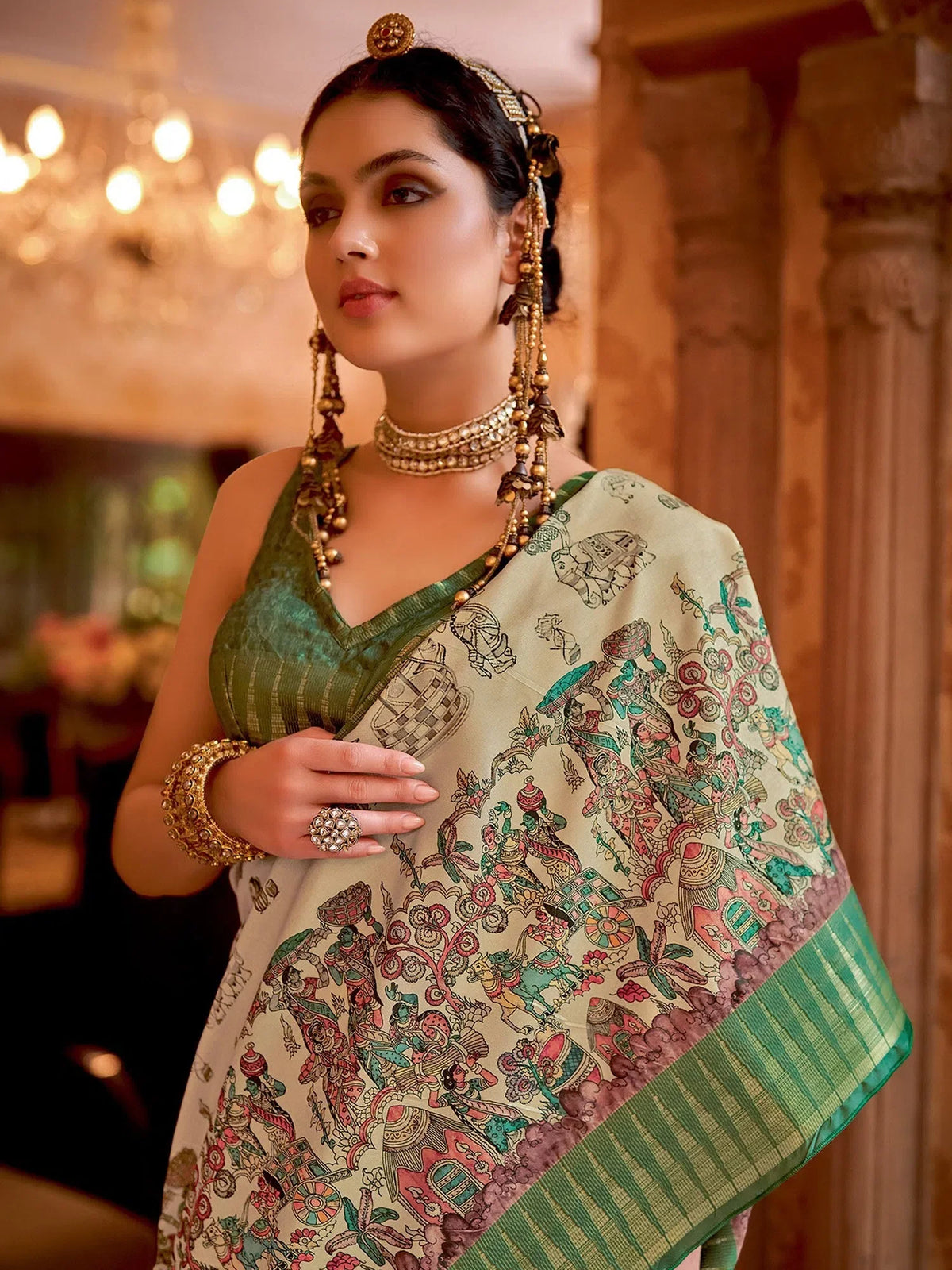 Women's Manipuri  Cream Printed Designer Saree With Blouse Piece-MORPNKH106